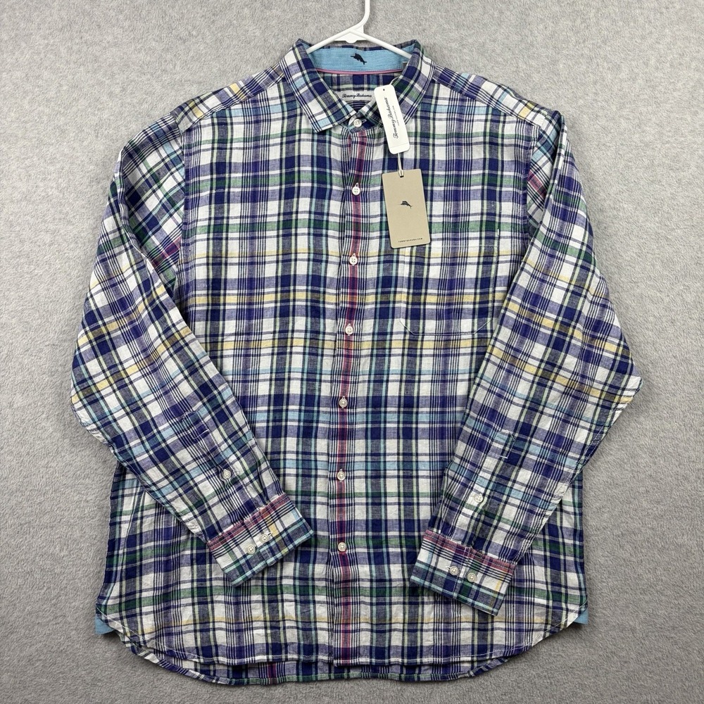 Tommy Bahama Shirt Mens XL Blue Plaid Sea Isle Linen Button Up Preppy Resort NWT